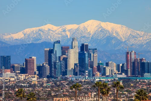 Obraz Downtown Los Angeles with snow capped mountain in the background