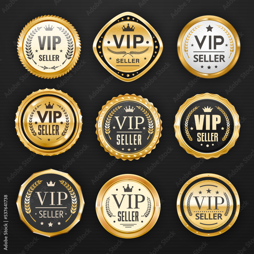 VIP seller golden badges and labels, premium quality store, vector gold  icons. Best luxury product shop, VIP brand award banner or medal  certificate sticker with golden crown, star and laurel wreath Stock