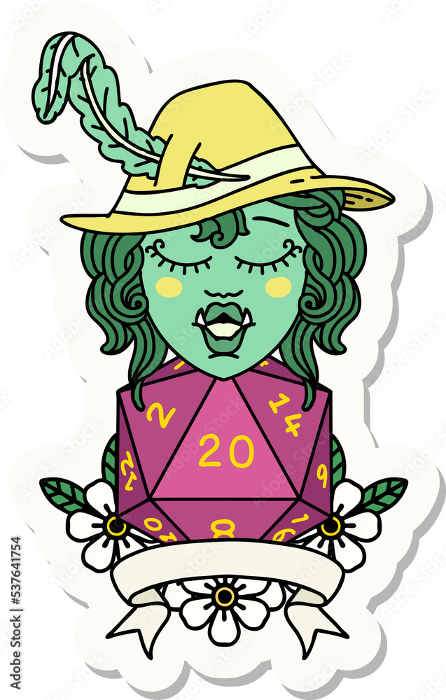 sticker of a half orc bard with natural 20 dice roll