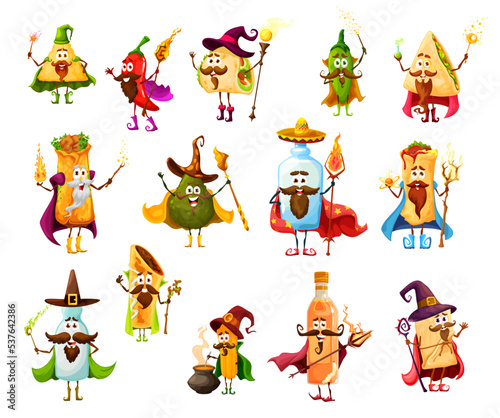 Cartoon Mexican Tex Mex food mage wizard, witch and magician, vector characters. Kids personages burrito wizard, taco magician, avocado sorcerer with magic wand, chil, jalapeno, quesadilla and churros