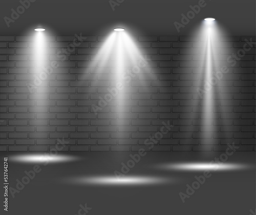  Set of spotlight shines on the stage, scene, podium. Bright lighting with spotlights. Spot lighting of the stage. Lens flash light effect from a lamp or spot. 