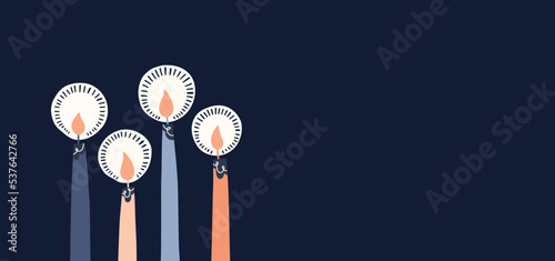 Four Burning Candles with Copy Space Retro Scandinavian Christmas Card. Nordic Style Pastel Flat Illustration. Winter Holidays Wallpaper. Christmas Advent Vector Graphic Print