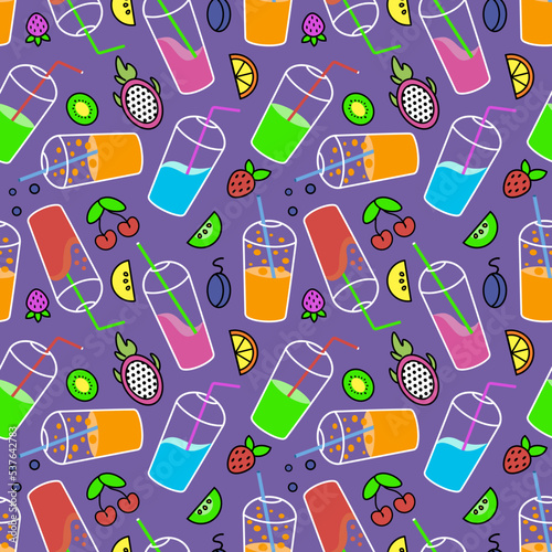 cocktails seamless pattern. cup with straw and cap for cocktail and juice