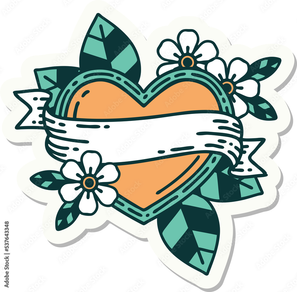 sticker of tattoo in traditional style of a heart and banner sticker of tattoo in traditional style of a heart and banner