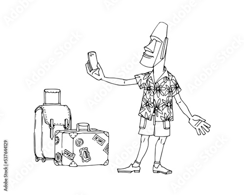 A man from Easter Island is traveling. Moai statue in Hawaiian shirt. Vector illustration with black ink lines isolated on white background in a hand drawn style.