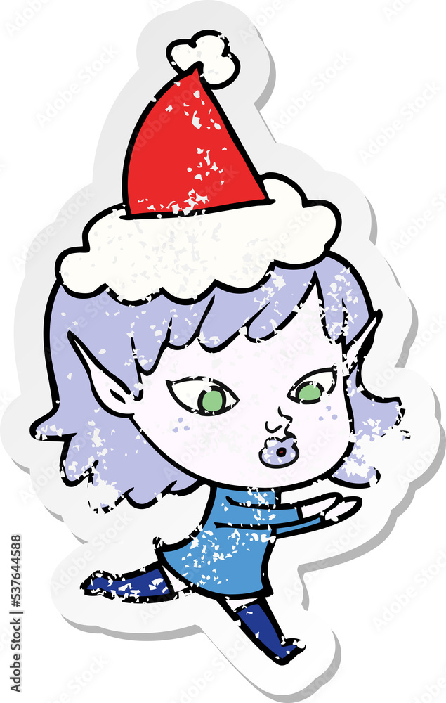 pretty hand drawn distressed sticker cartoon of a elf girl wearing santa hat pretty hand drawn distressed sticker cartoon of a elf girl wearing santa hat
