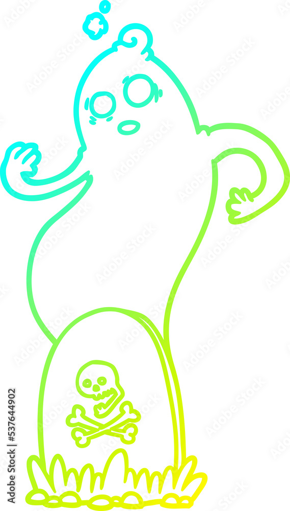 cold gradient line drawing of a spooky cartoon grave with rising ghost