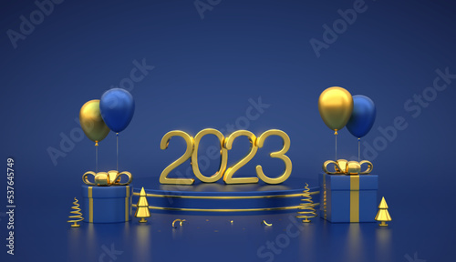 Happy New 2023 Year. 3D Golden metallic numbers 2023 on blue stage podium. Scene round platform with gift boxes and golden metallic pine, spruce trees and festive helium balloons. Vector illustration.