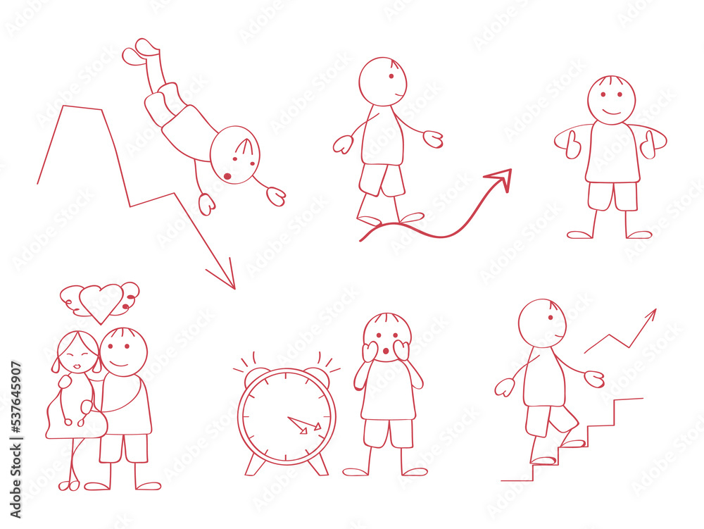 Stick figures for presentations in doddle style. Line art human, businessman. Different poses of walking Stick figures for presentations in doddle style. Line art human, businessman. Different poses of walking