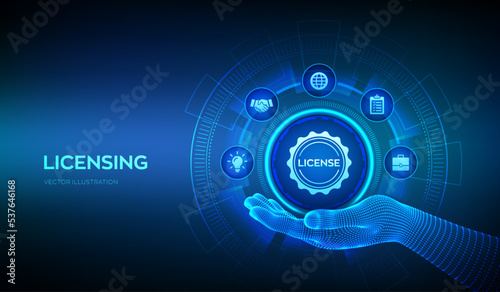 Licensing icon in wireframe hand. License agreement. Copyright protection law license property rights. Business technology concept. Vector illustration.