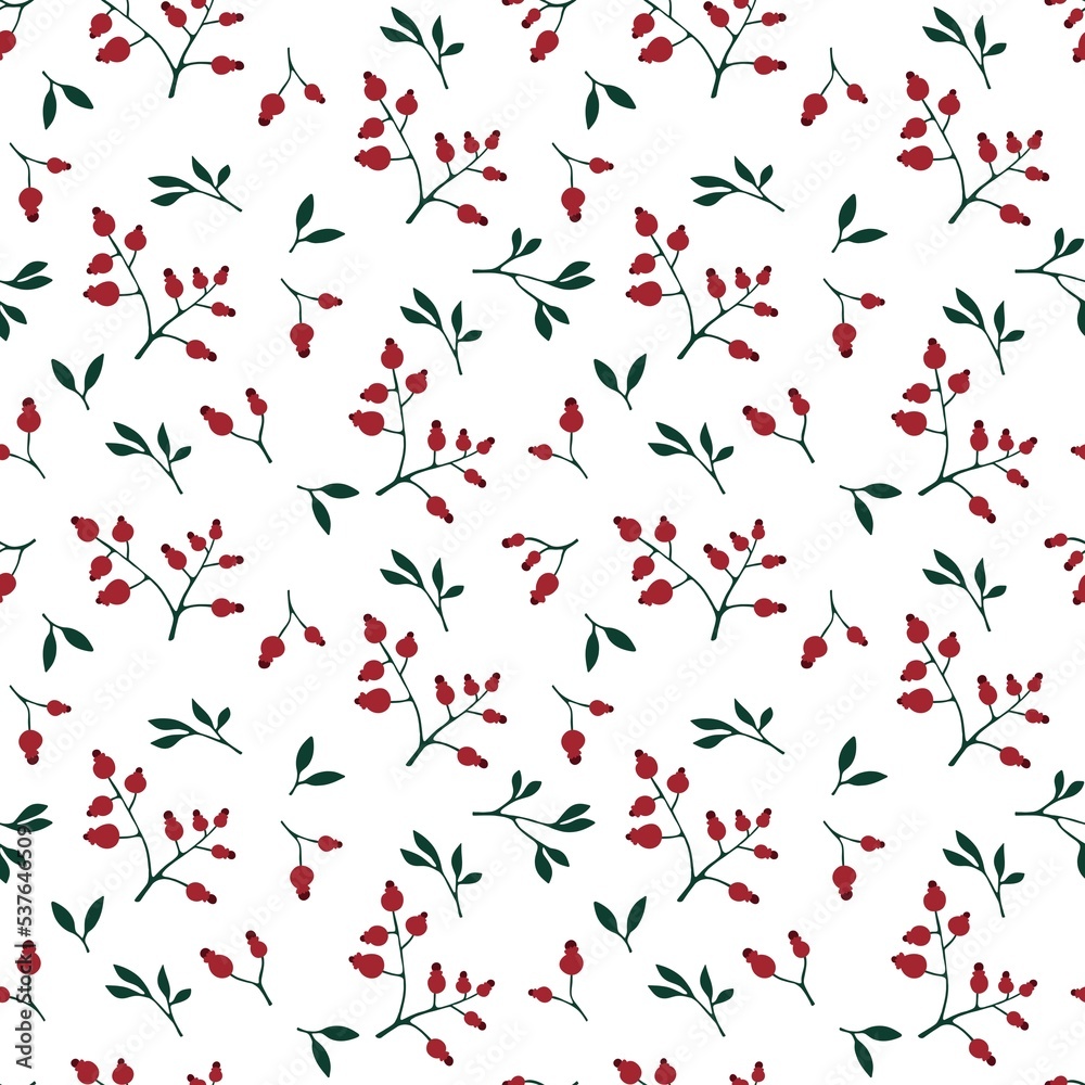 Winter floral seamless Christmas berries and leaves pattern for Noel wrapping paper and summer swimsuit print