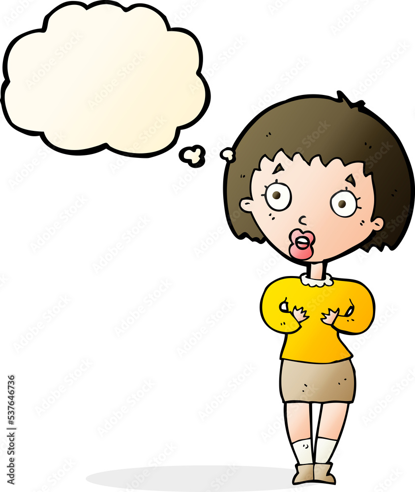 cartoon woman making Who Me? gesture with thought bubble cartoon woman making Who Me? gesture with thought bubble