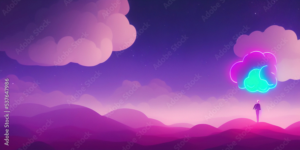Abstract fantasy landscape. Cumulus neon clouds against night purple sky. Beautiful Natural  wallpaper. 3D illustration.