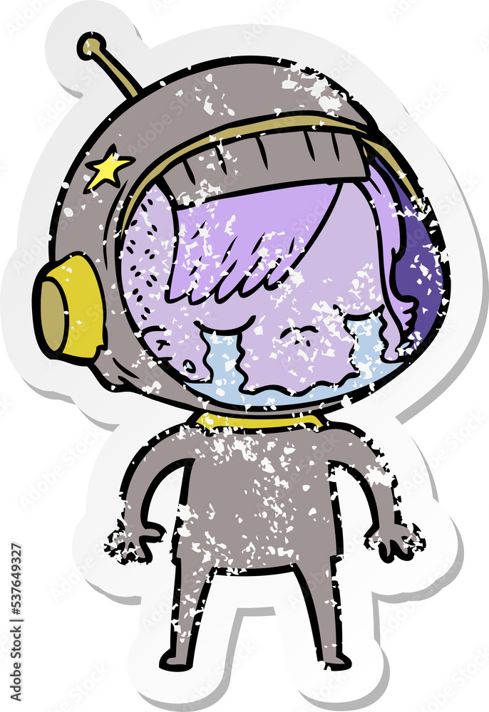 distressed sticker of a cartoon crying astronaut girl distressed sticker of a cartoon crying astronaut girl