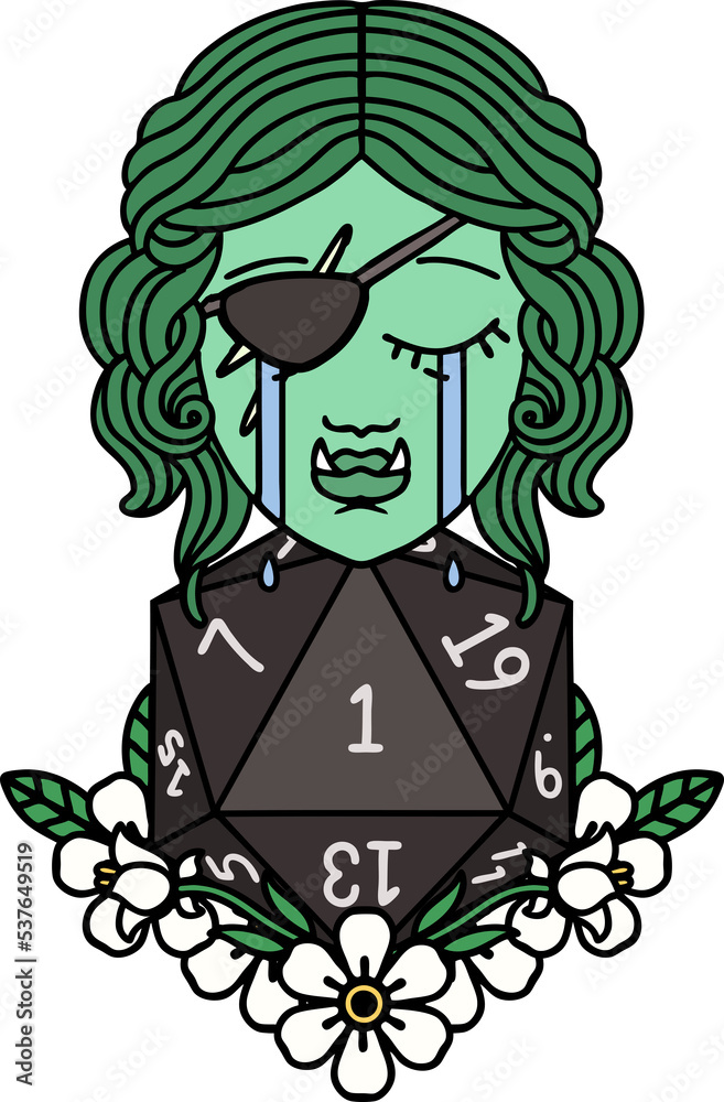 Retro Tattoo Style crying half orc rogue character with natural one D20 roll Retro Tattoo Style crying half orc rogue character with natural one D20 roll