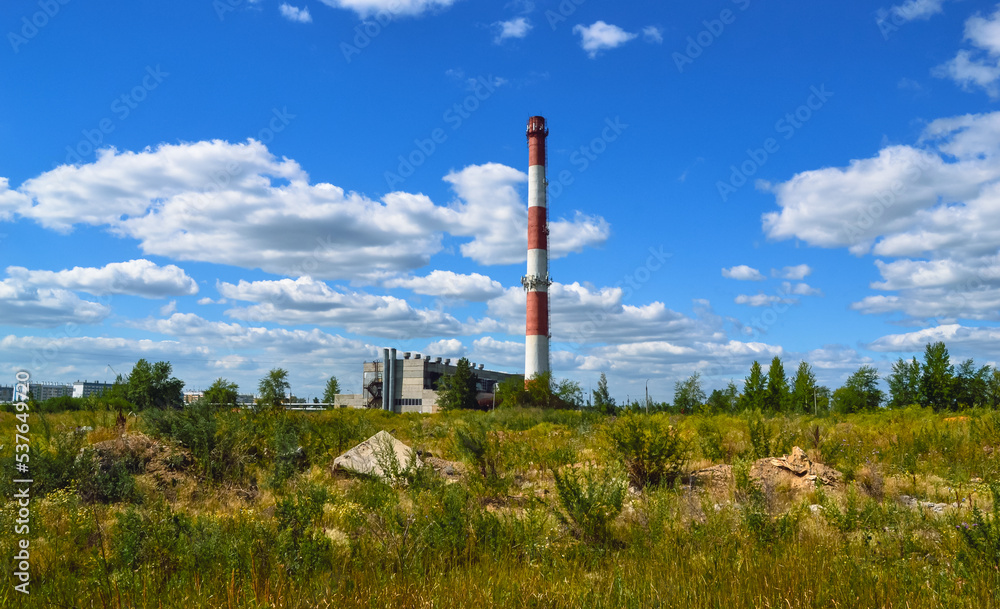 A wild field and a tall striped red and white chimney of a boiler house against the background of white clouds in a blue sky