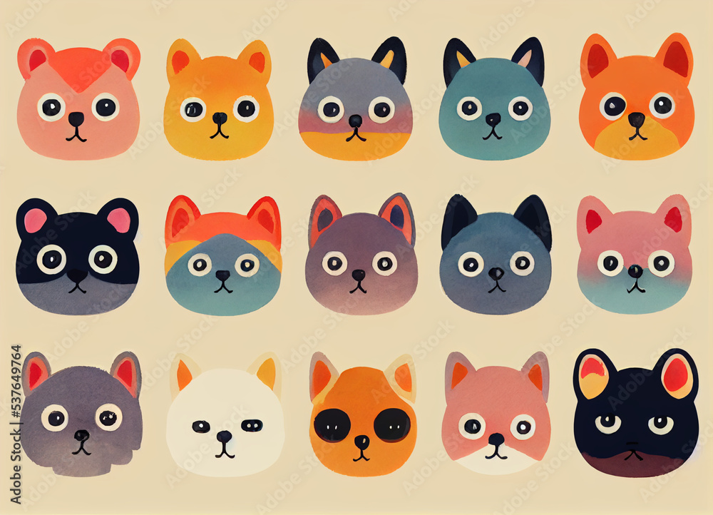 Pattern of little funny animals. Watercolour.