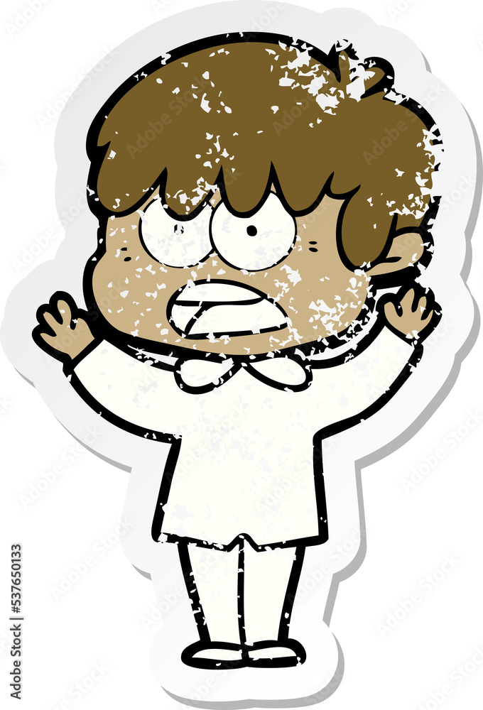 distressed sticker of a worried cartoon boy distressed sticker of a worried cartoon boy