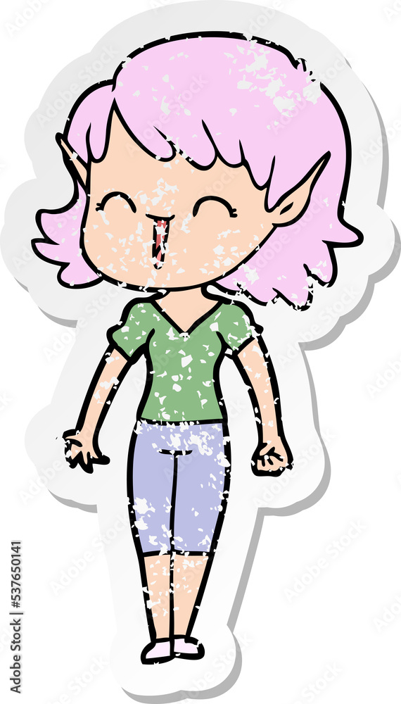 distressed sticker of a cartoon elf girl distressed sticker of a cartoon elf girl