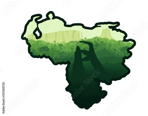 vector sticker "map of Venezuela" with Giant Anteater near Roraima tepui in Jungle Rainforest 