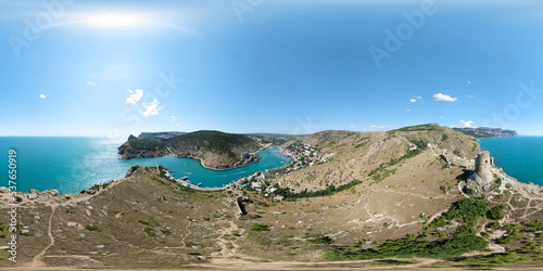 Panoramic aerial view of Balaklava bay landscape with boats and sea. Seamless 360 degree HDRI spherical equirectangular panorama. Travel and sights of Crimea. Virtual reality content VR AR © Sergey Chips