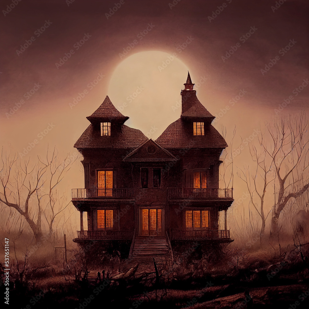 Halloween haunted house in full moon night, creepy and dark mansion Halloween haunted house in full moon night, creepy and dark mansion