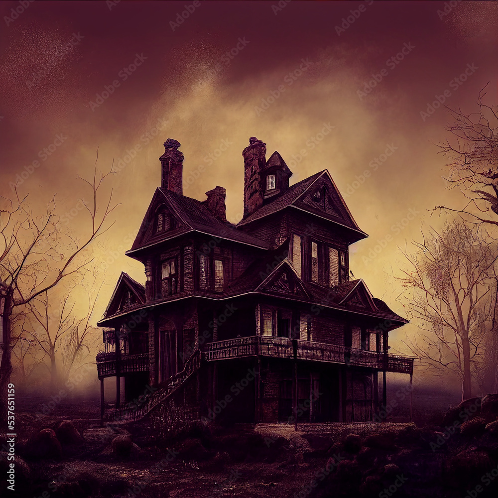 Fototapeta premium Halloween haunted house, creepy and dark mansion