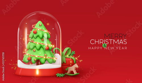 Merry Christmas and Happy New Year. Christmas winter snow glass ball, transparent dome. Realistic 3d design Xmas green tree in snow, gift box, wood horse, decoration light garland. Vector illustration