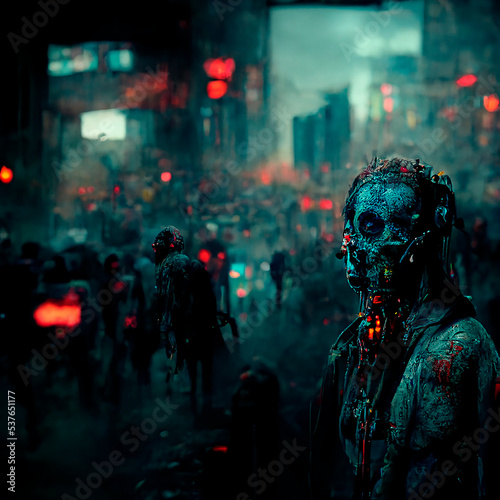 Cyberpunk zombie in apocalyptic city.AI generated