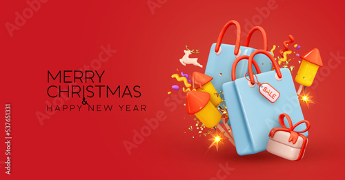 Merry Christmas and Happy New Year. Colorful bright realistic 3d holiday object design, shopping bag, gift box, rocket cartoon firework. Promo sale, advertising banner, web poster. Vector illustration