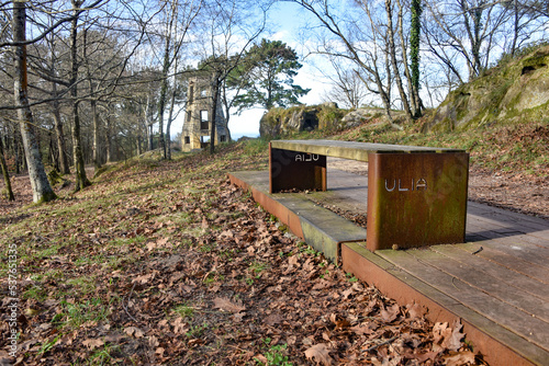 San Sebastian, Spain - Dec 26, 2021: Historic landmarks on the Monte Ulia nature trail on the Basque Coast