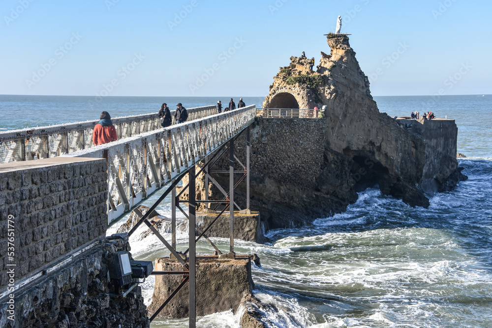 Biarritz, France - 15 Jan, 2022: Rocher de la Vierge (Virgin Rock), and the Port Vieux