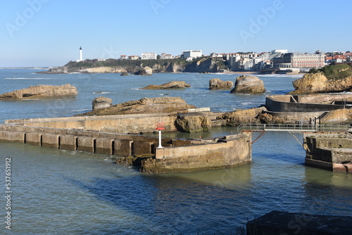 Biarritz, France - 15 Jan, 2023: Winter views of the Phare de Biarritz (Biarritz Lighthouse) and the Grand Plage