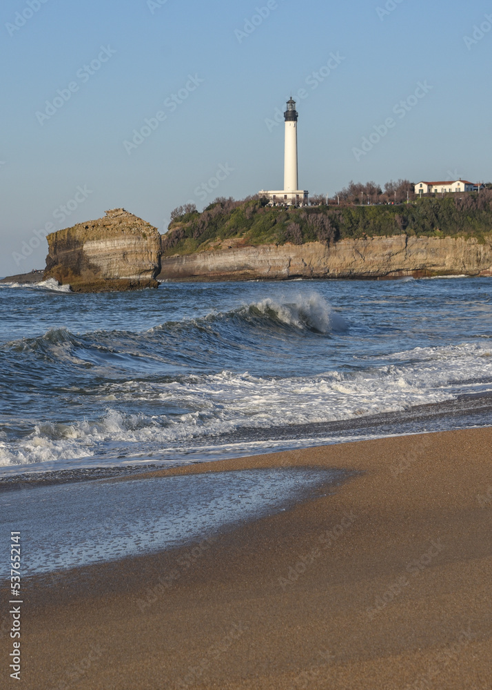 Biarritz, France - 15 Jan, 2023: Winter views of the Phare de Biarritz (Biarritz Lighthouse) and the Grand Plage