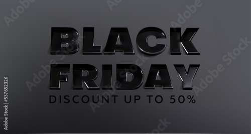 Black Friday header. Realistic 3d style. Sale and discounts. Black color banner for sales, advertising and web. Vector graphics