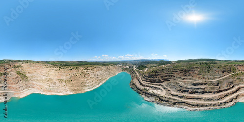 HDRI seamless spherical 360 degree aerial panorama over a turquoise quarry lake. View of the Kadykovsky quarry, Balaklava, Crimea. Travel, attractions. Virtual reality content VR AR