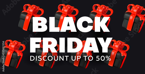 Black Friday. Stylish background, premium banner or header in realistic 3d style. Gifts, sales and discounts. Vector graphics