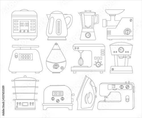 Big set of home appliances. Slow cooker, iron, coffee machine, meat grinder, kitchen scale, blender, sewing machine, toaster. Flat vector illustration. Kitchen utensils. Icon