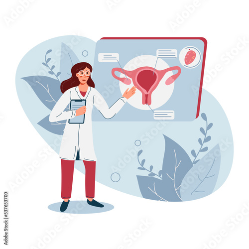 The doctor talks about women's reproductive health. Sex education lesson. Flat vector illustration.