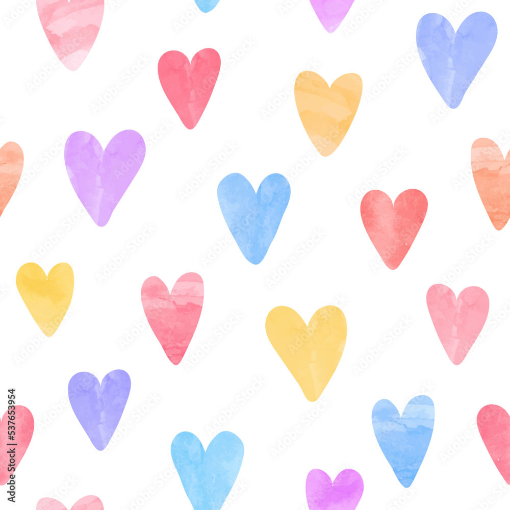 Hearts pattern. Seamless colorful print with watercolor hearts. Vector love illustration.