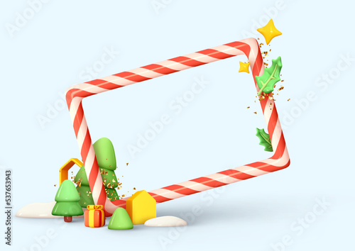 Christmas frame border of candy cane. Holiday red photo frame, realistic 3d Christmas tree design, gift box, gold confetti. Xmas banner, web poster. Greeting card happy new year. vector illustration