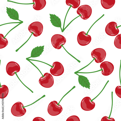 Cherry pattern. Seamless vector berry background with red cherry and leaves. 