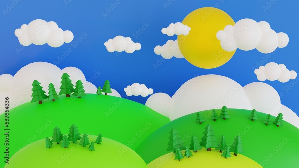 Cartoon Spring summer rural landscape, meadow and mountain with blue sky and cloud, for banner, poster background, 3D rendering.