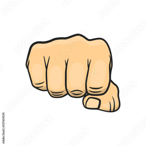 Vector Cartoon Forward Punch Fist, Symbol of Power, Hit, Revolution, Fight for Rights and Against Discrimination. Fist with Outline in Retro Vintage Comic Pop Art Style Closeup Isolated. Front View
