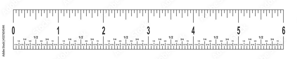 Vecteur Stock 6 Inches Ruler Scale With Fractions. Math Or Geometric Tool  For Distance, Height Or Length Measurement With Markup And Numbers Isolated  On White Background. Vector Outline Illustration | Adobe Stock
