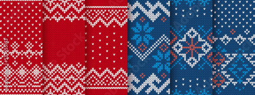 Knitted seamless patterns. Holiday fair isle traditional ornament. Christmas print. Set Xmas winter geometric background. Red and blue knit sweater texture. Festive crochet. Vector illustration