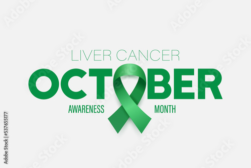 October. Liver Cancer Banner, Card, Placard with Vector 3d Realistic Emerald Green Ribbon on White Background. Liver Cancer Awareness Month Symbol Closeup. World Liver Cancer Day Concept