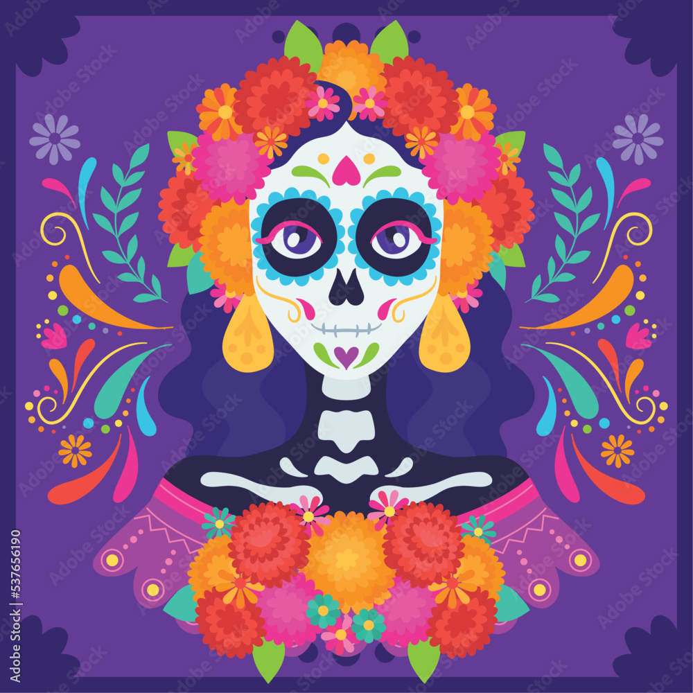 Colored dia de los muertos poster Girl with skull make up Vector illustration