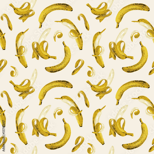 Seamless pattern with ripe bananas on backdrop. Fruit vector background with whole and half peeled bananas, suitable for wallpaper, wrapping paper, fabric, summer design