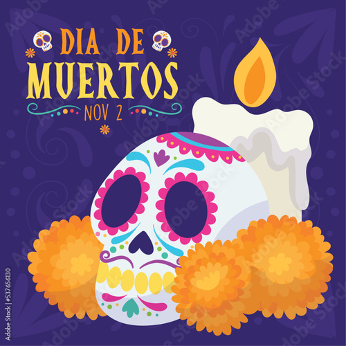 Dia de los muertos poster Skull with flowers Vector illustration
